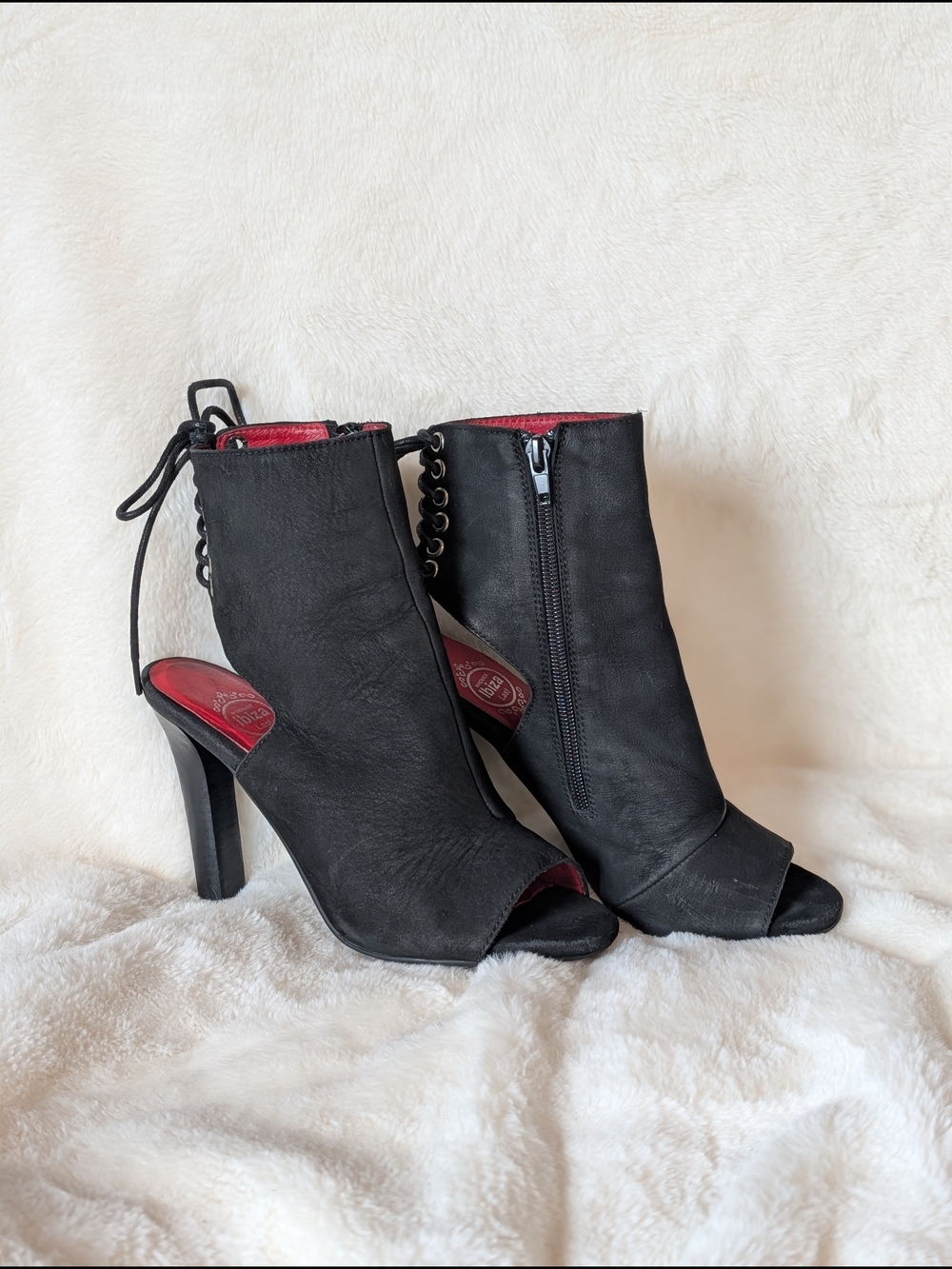 Jeffrey Campbell Black Open-Toe Lace-Up Ankle Heels with Red Insole